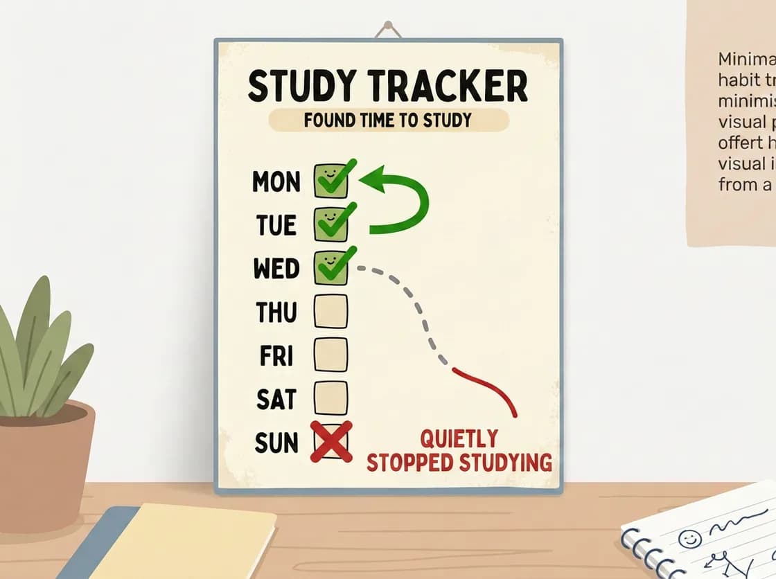 A study tracker on a wall: Monday to Wednesday ticked off, the rest of the week left blank, and Sunday crossed out under the words 'quietly stopped studying'.