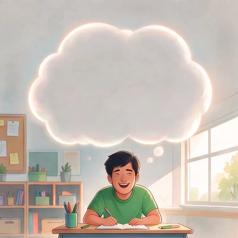 A learner smiles at their desk, a thought cloud of fresh words above their head.