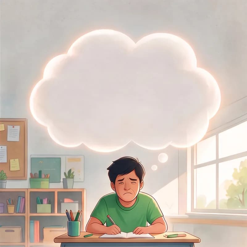 The same learner a week later, looking deflated under an empty thought cloud.